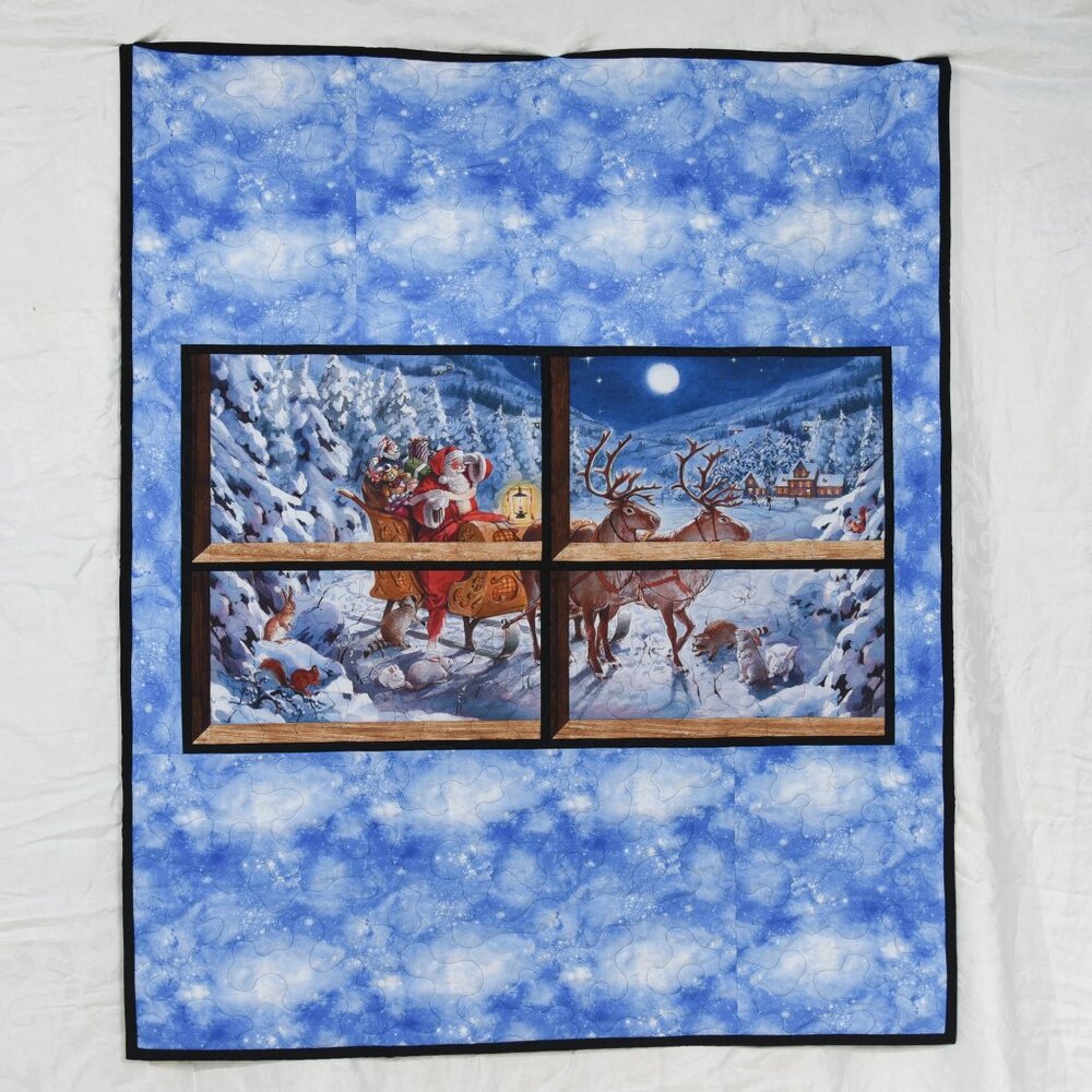 New, handmade throw Quilt, Santa & Reindeer out window 46" x 55" flannel back
